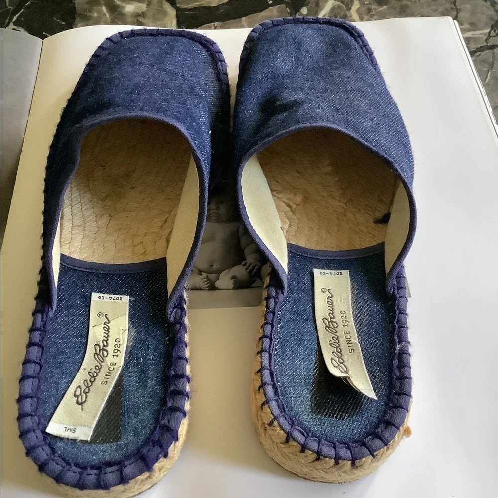 Eddie Bauer dark wash cotton denim espadrille jute heels slides size 9